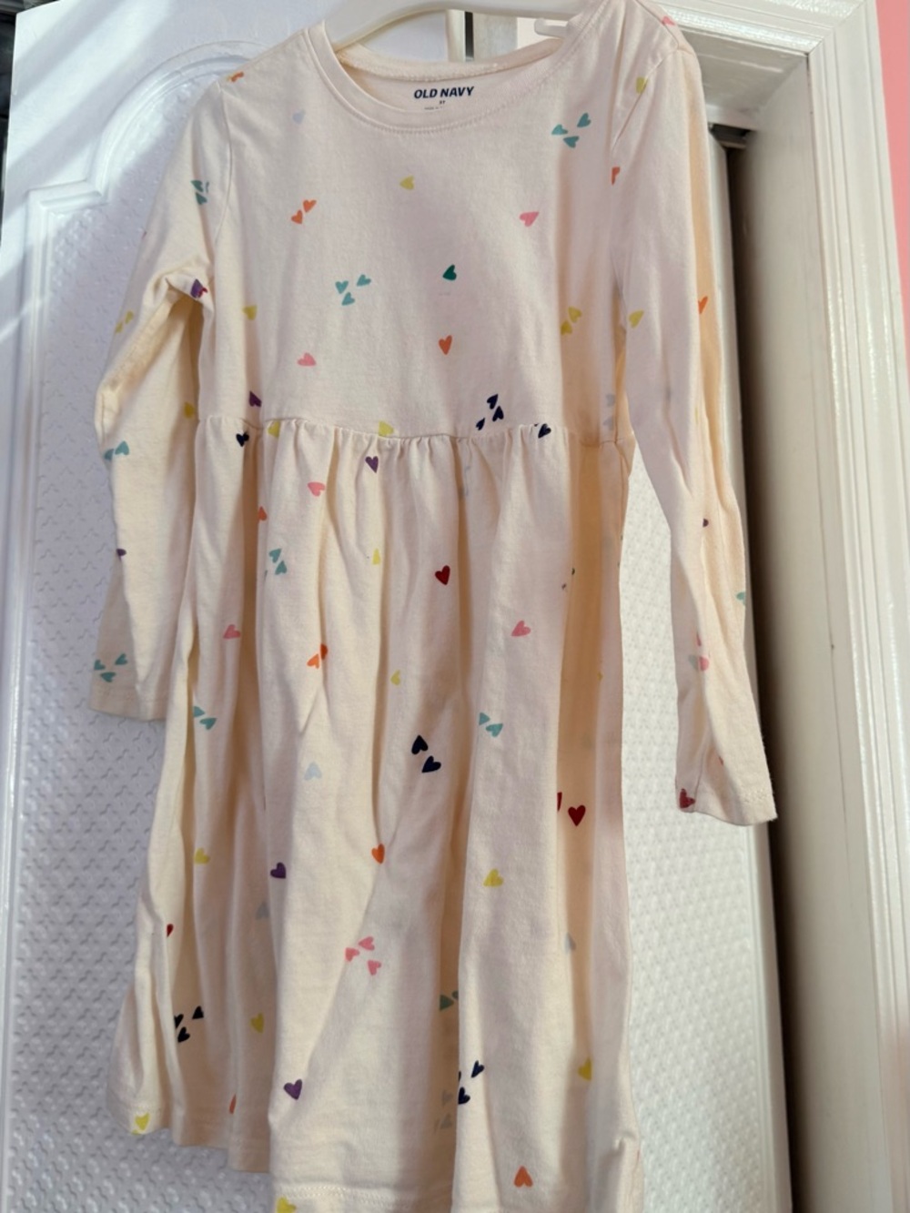 Old Navy Cream Long-Sleeve Dress with Multicolor Hearts